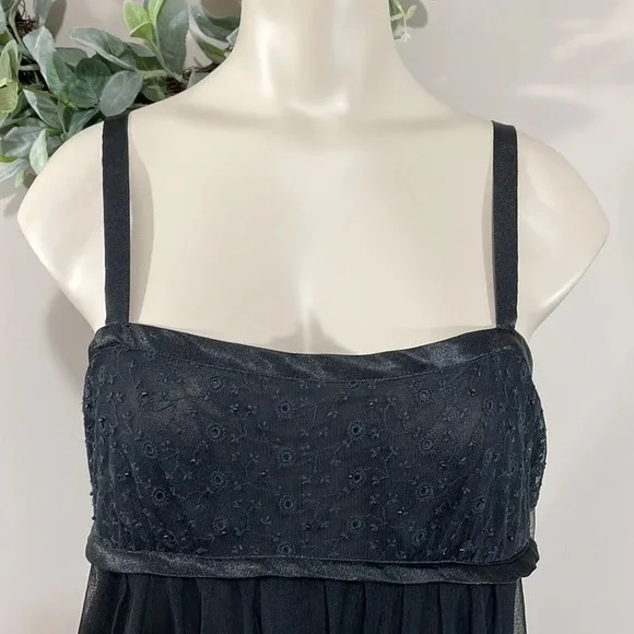 Oscar De La Renta Pink Label Black Sheer Beaded Eyelet Lace Babydoll Nightgown L